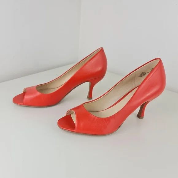 Nine West Peep Toe Leather Pumps Heels Coral Orange Size 5.5M - Picture 3 of 14